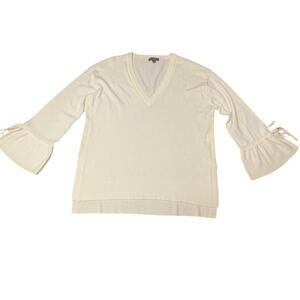 J Crew Ivory Cream 100% Wool Sweater L Bell Sleeve Ties Bows Cute V-neck